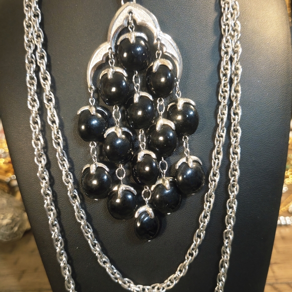 Trifari Jewelry - VGT Trifari Waterfall Black Beads & Silver Tone Triple Strand Necklace 14-17in